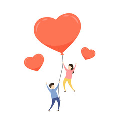 Valentine's day poster. Couple with balloon heart. Vector illustration in cartoon style.
