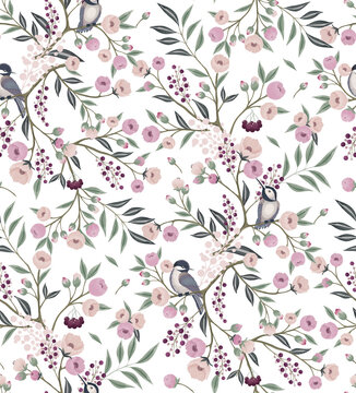 Vector illustration of seamless floral pattern with little birds in spring for Wedding, anniversary, birthday and party. Design for invitation card, picture frame, poster, scrapbook 