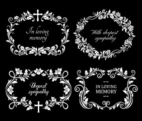 Funeral flowers wreath, condolence and death floral frames, vector RIP ribbons. Deepest sympathy and In loving memory, funeral and obituary card or memorial mourning plaques with cross and flowers
