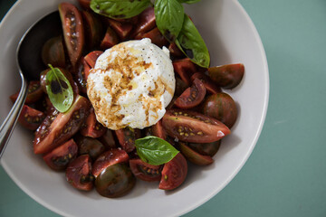 Caprese Tomaten Mozzarella Salat mit gestreiften bunten Tiger Tomaten in Schale mit Basilikum auf Hintergrund Mint Grün
