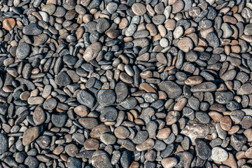 Bright texture pebble closeup. Pebbles on the shore.