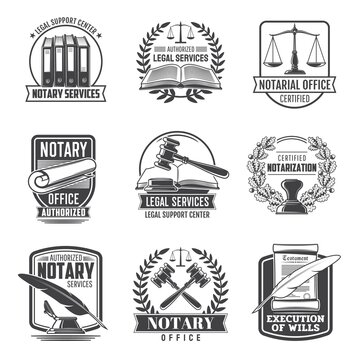Notary service notarial office vector icons. Civil legal juridical rights, inheritance registration and court regulation. Legal support center, authorized certified notarization, wills execution signs