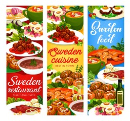 Sweden food vector salmon soup, pea soup and pittipanka, meatballs, kottbulars or potato hassel. Beefsteak a la lindstrom, beef soup elebsad, ginger cookie, cinnamon buns Swedish cuisine banners set