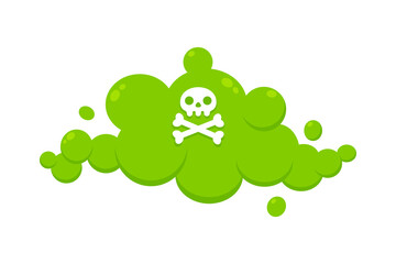 Smelling green cartoon fart cloud flat style design vector illustration with crossbone skull. Bad stink or toxic aroma cartoon smoke cloud isolated on white background.