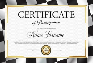Certificate of participation, diploma vector template with black and white chequered rally flag. Racing victory success celebration diploma for best result achievement. Race winner award border design
