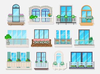 Balconies with windows vector design of house and apartment building facade architecture element. Home exterior with balconies, glass doors, metal banisters or railings, stone balustrades, consoles