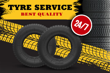 Car tire repair and replacement service banner. Automobile new road tires, truck rubber tyres and wheel protector trails 3d realistic vector. Vehicles tyres shop or store, repair garage station poster - obrazy, fototapety, plakaty