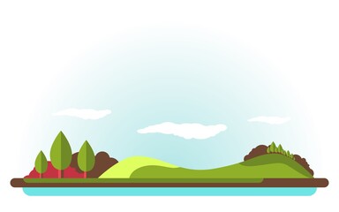 Cartoon and colorful landscape with mountains and forest in flat style. Background for your design. Vector illustration.