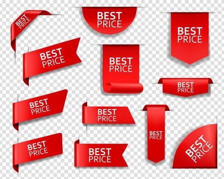 Best price web tag, banner and corners. Sale promotion, shopping discounts offer or store goods price tags templates. Red ribbons, glossy fabric bookmarks, stickers for web page 3d realistic vector