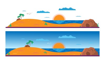 Fototapeta na wymiar Summer background - sunset beach. Sea and a palm tree. Modern flat design. Vector illustration.