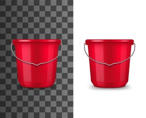 Red plastic bucket realistic mockup. Household or garden bucket with glossy surface and metal wire bail handle 3d vector template. Pail for house cleaning, gardening or water carrying