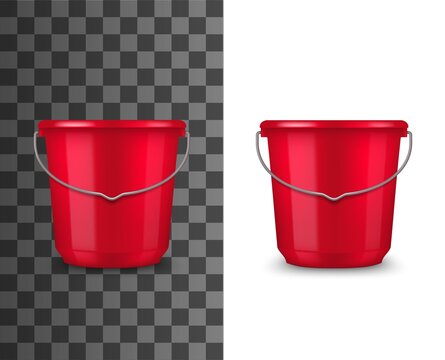 Red Plastic Bucket Realistic Mockup. Household Or Garden Bucket With Glossy Surface And Metal Wire Bail Handle 3d Vector Template. Pail For House Cleaning, Gardening Or Water Carrying