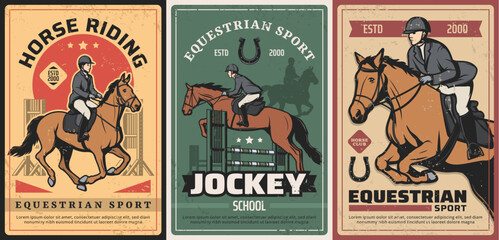 Equestrian sport, horse riding and race on hippodrome vintage posters. Vector professional ride, elite jockey school. Horseback riding sports grunge retro cards with rider and lucky horseshoe set