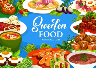Sweden cuisine vector gravlax, ginger cookie and cinnamon buns, salmon soup, pea soup, pittipanka, meatballs, kottbulars, potato hassel, beefsteak a la lindstrom, beef soup elebsad, Swedish food