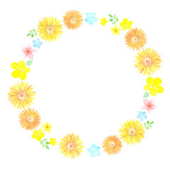 水彩で描いたひまわりの円フレーム