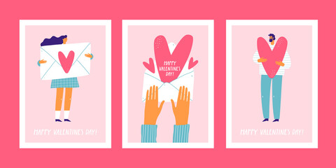 Set of cute greeting cards for valentine's day. Postcards with people. 