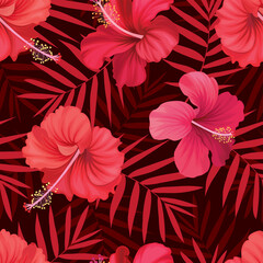 Seamless tropical hibiscus flowers and leaves background. Vector set of blooming floral for holiday invitations, greeting card and fashion design.
