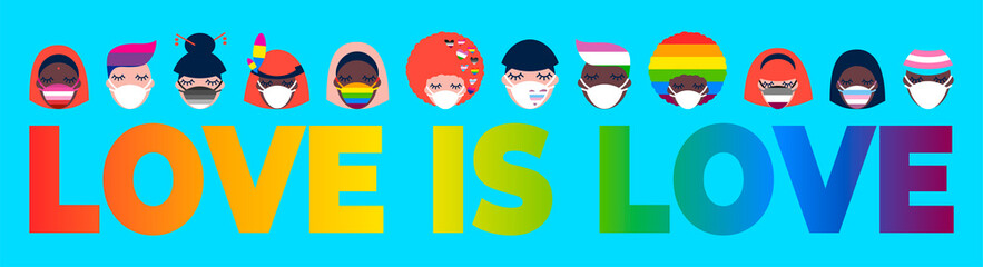 people of different nationalities in medical face masks. LGBTQ Pride Month. Coronavirus pandemic. Covid-19 love is love. happy pride day. rainbow flag. Valentine's Day