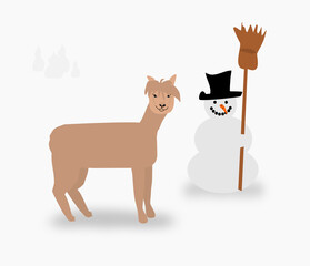alpaca and snowman in winter
