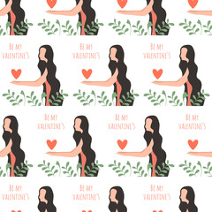 Seamless pattern Valentines Day with handwritten - Be My Valentine's. Young woman takes heart. Design for poster, wrapping  paper, fabric, web, card, party, invitation, wallpaper, Valentine's day.