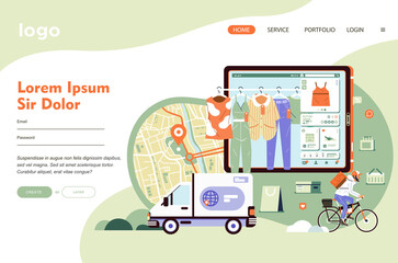 e commerce application technology for online shopping and connected to the delivery system for smart shopping landing page vector illustration