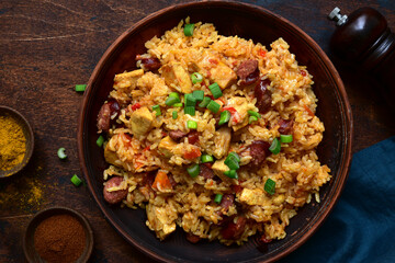 Jambalaya - spicy rice with tomatoes, meat and smoked sausage. Top view with copy space.