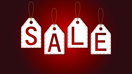 Sale poster on red and white tags with shadows and recessed letters hanged on a wire EPS 10, editable
