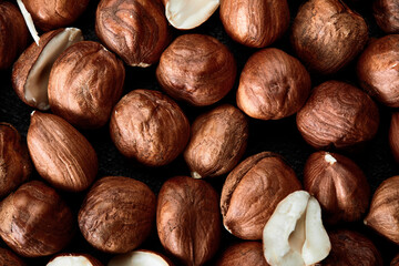 Close up of Hazelnut kernels - Food Frame Background, macro detailed close up.