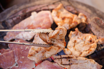 Grilled pork on the stove Thai style. as delicious food of Thai. Close up photography.