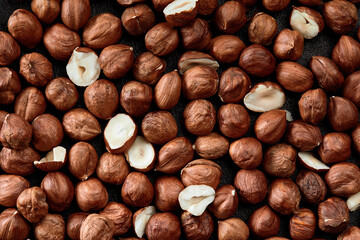 Close up of Hazelnut kernels - Food Frame Background, macro detailed close up.