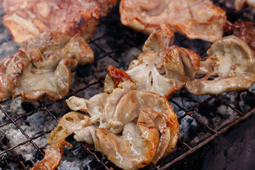 Grilled Pork Intestines on the stove Thai style. as delicious food of Thai. Close up photography.