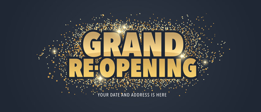 Grand opening and re-opening vector illustration, background with elegant golden sign