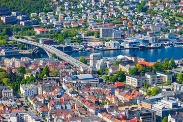 Cityscape view at the city Bergen in Norway from a high angle