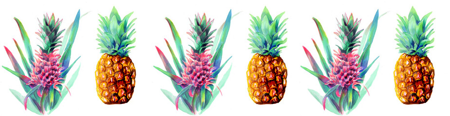 Horizontal watercolor border of pineapples isolated on a white background. Ananas pink and yellow....