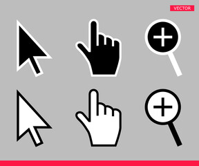 Black and white arrow, hand and magnifier mouse cursor icons vector illustration set flat style design isolated on white background.