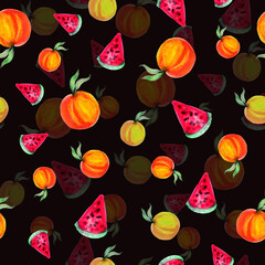 Watermelon Slices and peach fruit Pattern seamless print