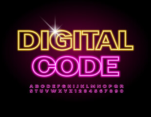 Vector techno sign Digital Code. Electric bright Font. Glowing Neon Alphabet Letters and Numbers set