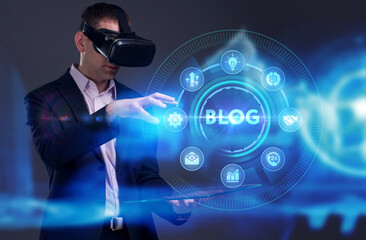 Business, Technology, Internet and network concept. Young businessman working on a virtual screen of the future and sees the inscription: Blog