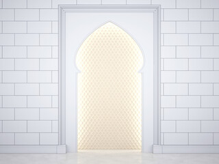 A niche in the Arab style, with a pattern inside illuminated around the perimeter. Wall with arch in islamic, muslim, arabic style. 3D Render - obrazy, fototapety, plakaty