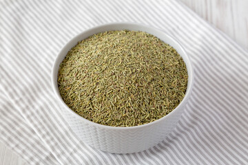 Organic Dried Rosemary in a Bowl, low angle view.