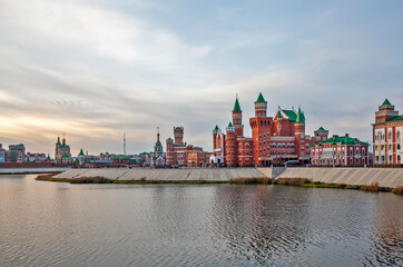 The Malaya Kokshaga River and the Bruges embankment with a view of the Republican Puppet Theater,...
