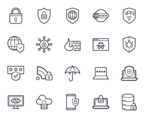 Safe internet line icon set. Collection of internet signs for web design and mobile app. Safer Internet Day pictograms. Lock, password, computer, laptop, umbrella, cloud protect, shield black icon on 