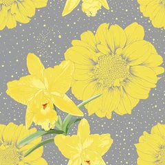 Selbstklebende Fototapeten Seamless pattern yellow vintage Zinnia and Orchid flowers gray color abstract background.Vector illustration hand drawn.floral fabric print design © NOPPHACHAI