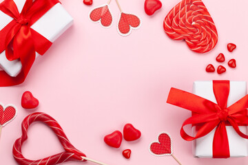 Valentines day. Gift boxes, heart decor and candy sweets