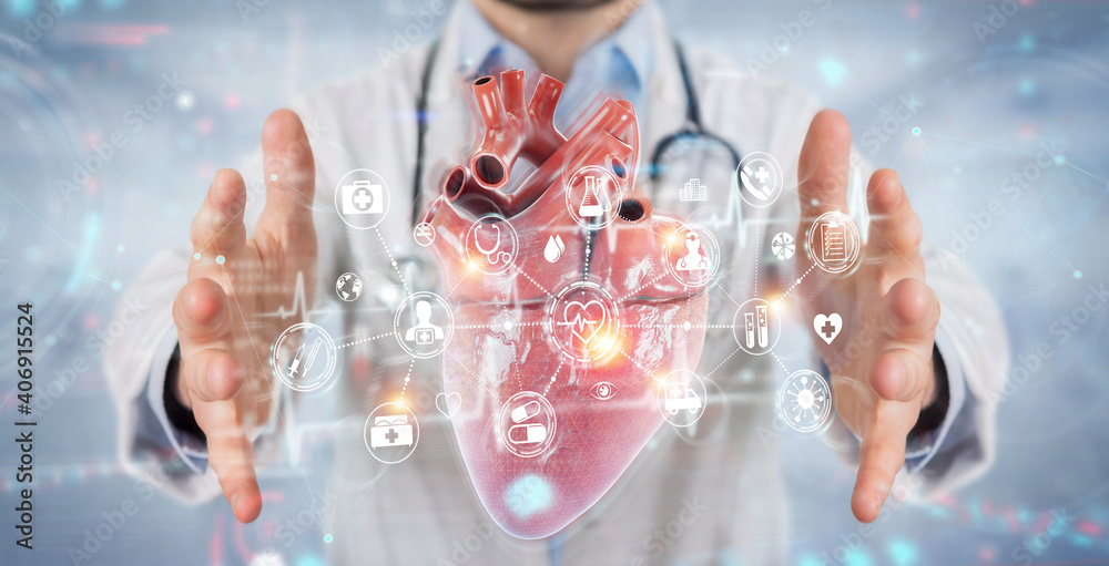 Poster Cardiologist using digital x-ray of human heart holographic scan projection 3D rendering