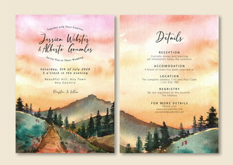  Watercolor Landscape Wedding Invitation of Pink Sunset Sky Mountain and Pine Tree - 406915733