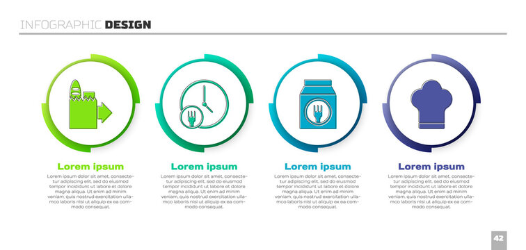 Set Online ordering and delivery, Round the clock delivery, Online ordering and delivery and Chef hat. Business infographic template. Vector.