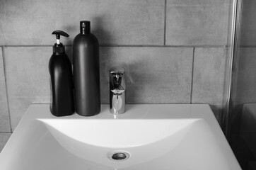 Bathroom interior with sink and faucet. Modern bathroom corner. Home interior, modern bathroom in apartment.