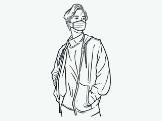 A man with a hand in his pocket. Wear a mask. New normal. Human character on white background. Hand drawn style vector design illustrations.