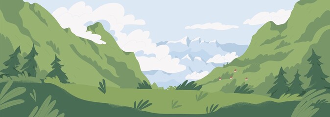 Scenic summer landscape with mountains covered with green grass and trees. Panoramic view of distant mounts range and cloudy sky. Picturesque nature scene. Colored flat textured vector illustration